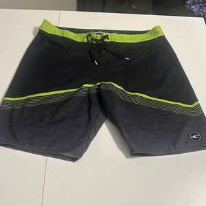 O'Neill Black and Neon Green Board Shorts size 36